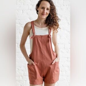 Miou Muse Small Dusty Rose Tie Strap Overall Romper Boho Cottagecore Shorts